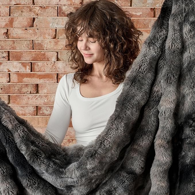 Lotus Karen Faux Fur Blanket Tie-Dye Dark Gray Twin Size - Big Bubble Rabbit Fluff Throw for Couch Small Fluffy Fuzzy Cozy Thick Furry Plush Shaggy Blankets 108x90 Inches