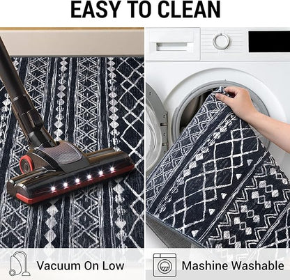 KUTA Bedroom Boho Rug 4x6 Black, Moroccan Washable Area Rugs Non Slip, Ultra Soft Print Distressed Geometric Low-Pile Entry Throw Carpet for Bedroom Nursery Dorm Kitchen Decor