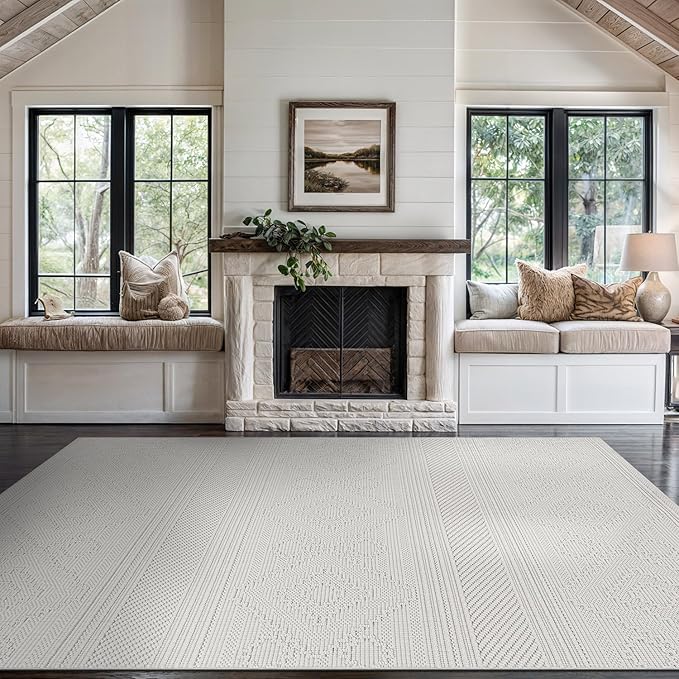 Beverly Rug Micro Loop Area Rug White 5x7 Modern Luxury Soft Boho Geometric Durable Indoor Area Rugs for Living Dining Room Office Stain Resistant Non Shedding Casual Indoor Carpet White 5 x 7