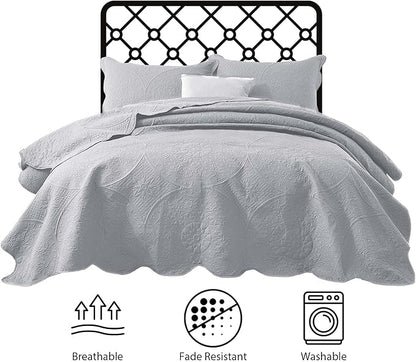 IR Imperial Rooms King Quilt Bedding Set Size (106" x 96") + 2 Pillow Shams (20" x 36"+ 2") - 3 Pcs All Season Lightweight Reversible Microfiber Coverlet Floral Embossed Quilt Bedspread (Silver)