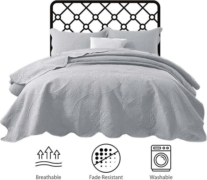 IR Imperial Rooms Twin Quilt Bedding Set Size (68” x 86”) + 1 Pillow Shams (20” x 26” + 2”) - 2 Pcs All Season Lightweight Reversible Microfiber Coverlet Floral Embossed Quilt Bedspread (Silver)