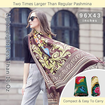 DANA XU 100% Merino Wool Pashmina Shawl for Women 96"x43", Oversized Cashmere Wrap with Tassels, Floral Travel Blanket Cape