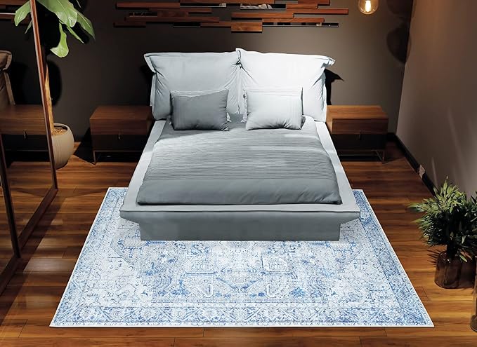 Bloom Rugs Washable Non-Slip 2' x 3' Rug - Blue/Gray Traditional Oriental Area Rug for Living Room, Bedroom, Dining Room, and Kitchen - Exact Size: 2' x 3'