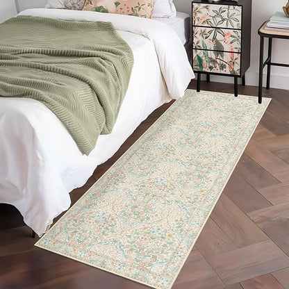 MUJOO Washable Runner Rug,Floral 2x6 Runners for Hallway Kitchen Bedroom Bedside Bathroom Laundry Room,Long Non Slip Throw Carpet Boho Indoor Neutral Vintage Ultra-Thin Light Green and Beige