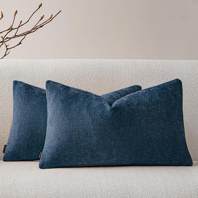 a moment Pack of 2 Decorative Chenille Throw Pillow Covers with Twill Cushion Covers for Sofa Living Room Couch Bed 12x20 Inch Blue