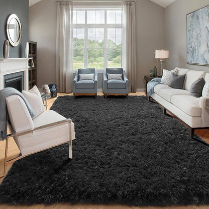 ONASAR Black Area Rugs for Living Room Bedroom, 5x8 Fluffy Shaggy Rug, Washable Soft Plush Large Indoor Floor Carpet for Nursery Kids Girls Boys Teen Dorm Bedside Playroom Home Office Decor Aesthetic
