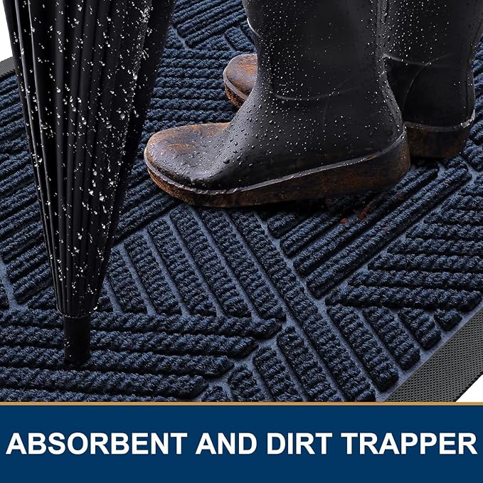 Smiry Front Door Mat Outside Entrance, Heavy Duty Sturdy Natural Rubber Doormat, Trap Dirt and Moisture, Easy Clean Low Profile Mats for Indoor Outdoor Entry, Irregular Triangle (59x35, Navy Blue)