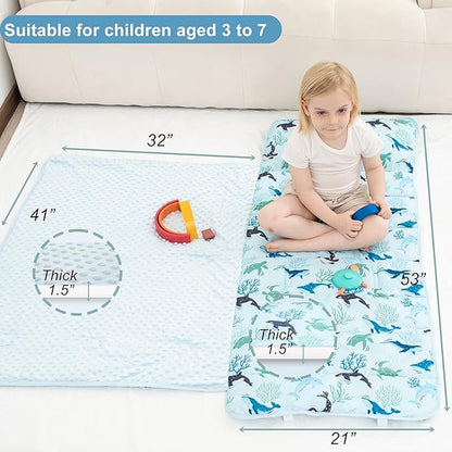 Viviland Toddler Nap Mat, Rolled Sleeping Mats with Pillow and Minky Dot Blanket for Girls Boys, Kids Slumber Bags/Nap Mat for Preschool, Daycare, Kindergarten, Travel Camping - Blue Ocean Whales
