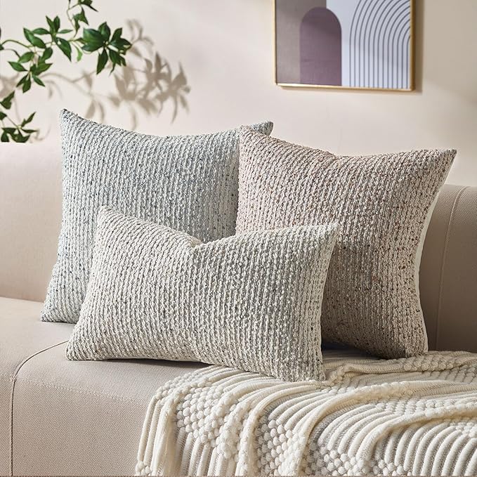Decorative Couch Throw Pillow Covers 16x16 Cream Gray Striped Soft Wool Pillow Covers Neutral Textured Boho Cushion Covers for Modern Farmhouse Sofa Bedroom Living Room Decor SY011-B16