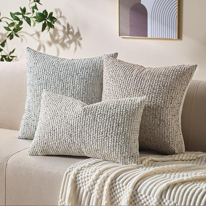 Decorative Couch Throw Pillow Covers 16x16 Set of 2 Cream Gray Striped Soft Wool Pillow Covers Neutral Textured Boho Cushion Covers for Modern Farmhouse Sofa Bedroom Living Room Decor SY012-B16