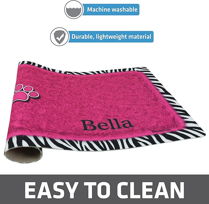 Drymate Personalized Pet Bowl Placemat, Custom Dog & Cat Food Feeding Mat - Absorbent Fabric, Waterproof Backing - Machine Washable/Durable (USA Made) (12" x 20") (Zebra Pink)