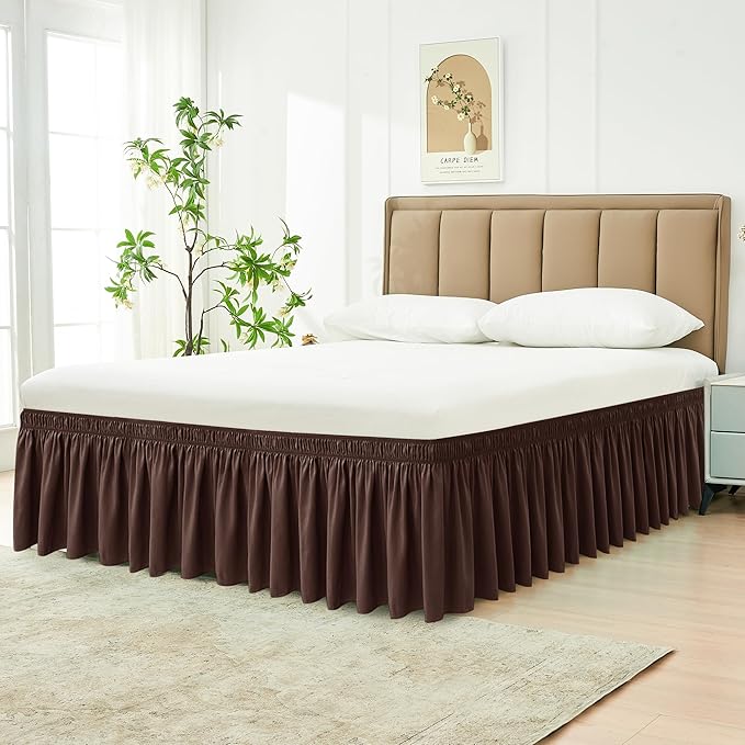 Biscaynebay Wrap Around Bed Skirts for Queen Beds 16" Drop, Brown Adjustable Elastic Dust Ruffles Easy Fit Wrinkle & Fade Resistant Silky Luxurious Fabric Solid Machine Washable