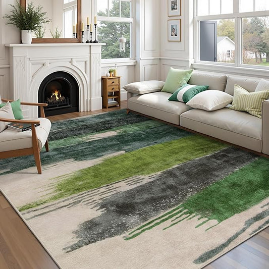 Ciicool Modern Abstract Green Rug for Living Room, 9'x12' Machine Washable Area Rug Non-Slip Rug, Low-Pile Contemporary Indoor Dining Floor Carpet for Bedroom Office Under Table Home Decor