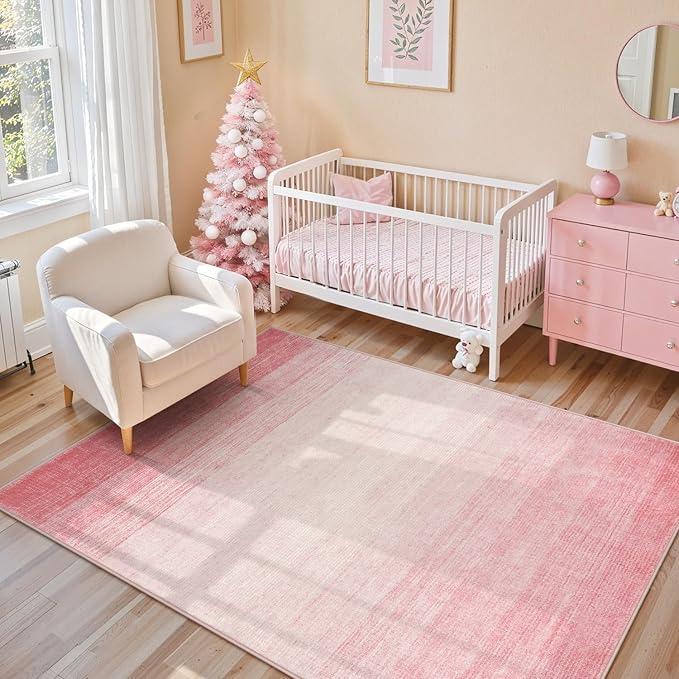 Wonnitar Washable Light Pink Rug, 5x7 Modern Ombre Rugs for Living Room, Non-Slip Abstract Area Rug for Bedroom Girls, Non-Shedding Soft Large Throw Carpet for Bathroom (Pink, 5'x7')