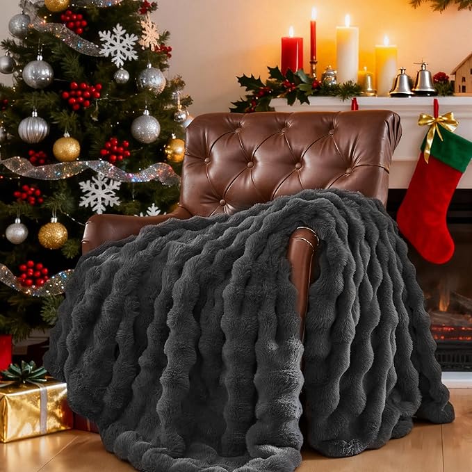 Lotus Karen Faux Fur Blanket Dark Gray Twin Size - Big Bubble Rabbit Fluff Throws for Couch Small Fluffy Fuzzy Cozy Thick Furry Plush Shaggy Blankets 60x80 Inches