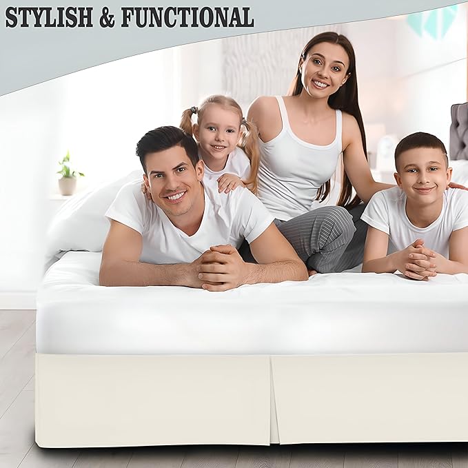 Pleated Bed Skirt Queen Size, 14" Drop with Platform Design for Secure Fit, Split Corners, Wrinkle-Resistant Microfiber for Modern Stylish Look, Tailored Bedding for Hotel Luxury - Ivory