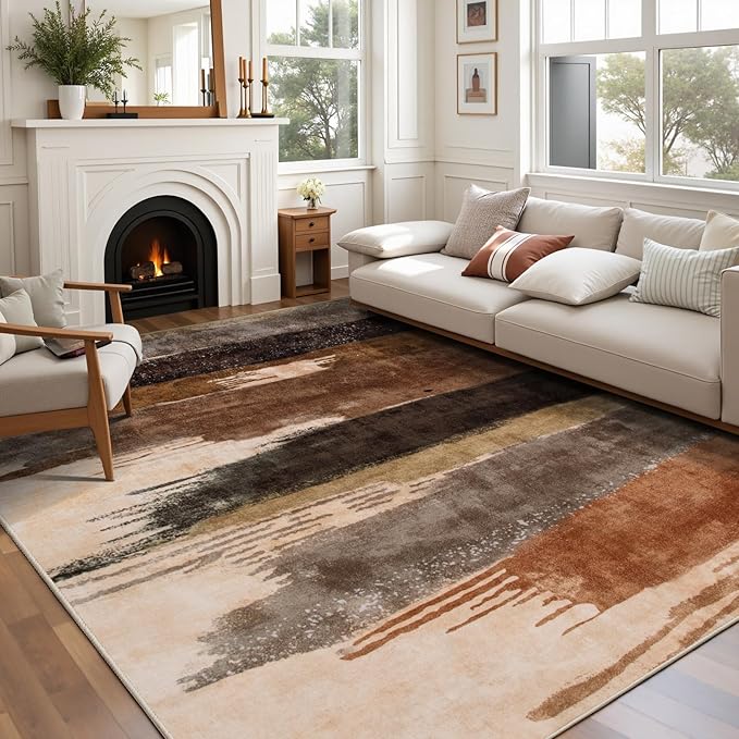 Ciicool Modern Abstract Brown Black Rug for Living Room, 8'x10' Machine Washable Area Rug Non-Slip Rug, Low-Pile Contemporary Indoor Dining Floor Carpet for Bedroom Office Under Table Home Decor