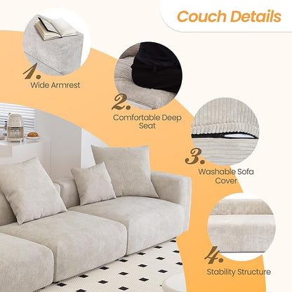 JACH Corduroy Modular Sectional Couch, Oversized Sectional Sofa, Cushion Covers Removable, Modern Deep 3-Seat Couches for Living Room, Office (Beige)