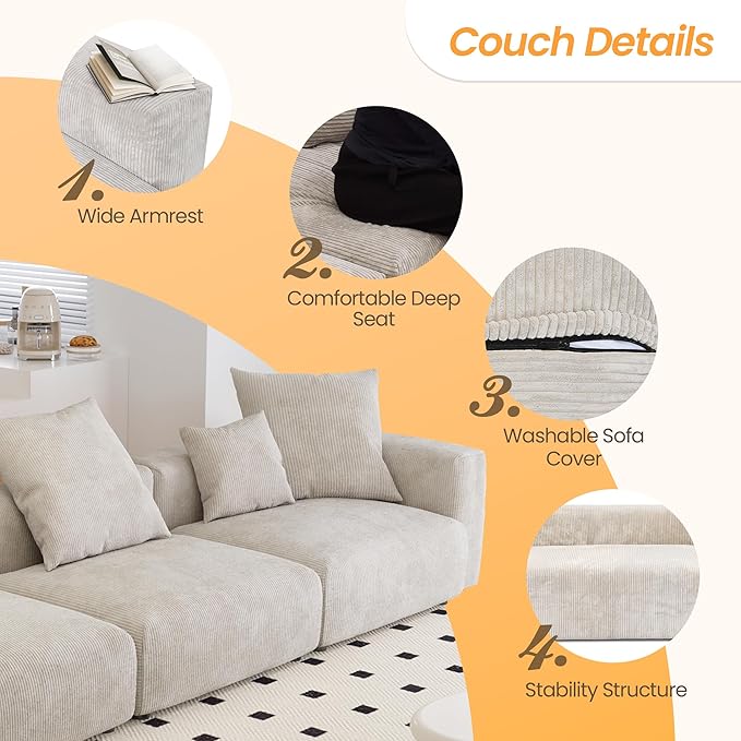 JACH 181" Oversized Modular Sectional Sofa, Deep 4-Seats Sectional Couch, Huge Plus Convertible Soft Sofas, Corduroy Minimalist Couches for Living Room, Office, Apartment, Beige