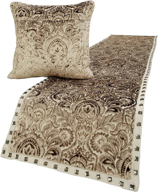 The HomeCentric King/Queen/Twin Beige Decorative CA King 86"x18" Bed Runner with 2 Pillow Cover, Velvet Damask & Crystal Border Bed Scarf on Velvet Fabric - Henriretta