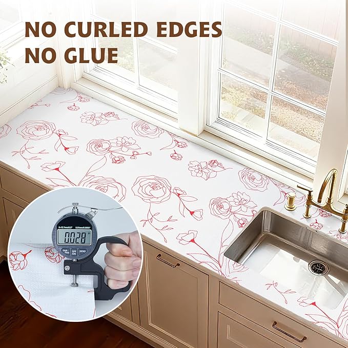 Shelf Liners for Kitchen Cabinets 17in x 20FT Non Adhesive Drawer Liner Red and White Floral Thickened Shelf Liner Paper Strong Non-Slip Easy to Clean for Tool Box with Knife and Tape Measure