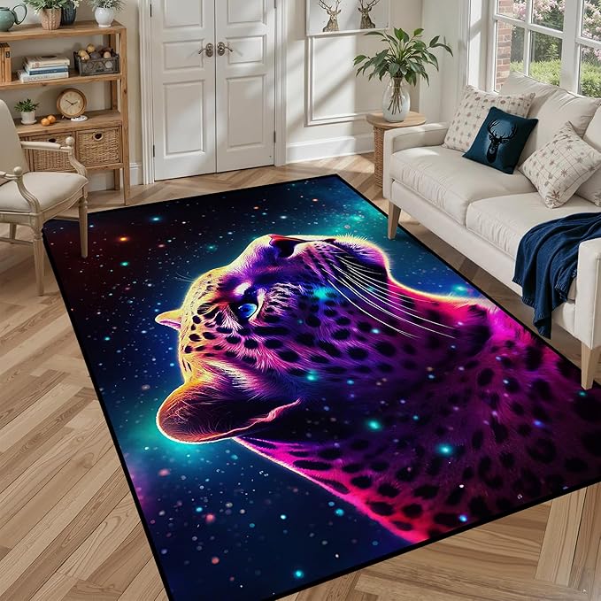 Galaxy Leopard Rug Large Fierce Panther Head Area Rugs for Boys Kids Bedroom Living Room Gameroom Girls Glitter Carpet Floor Mat Throw Rugs 71 in x 47 in