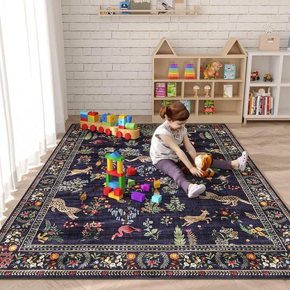 Rugcomf Living Room Rug 6x9 Rug Machine Washable Boho Area Rug Non Slip Floral Animal Vintage Low Pile Large Rug for Living Room, Bedroom, Farmhouse, Dining Room, Kids Playroom (Blue)
