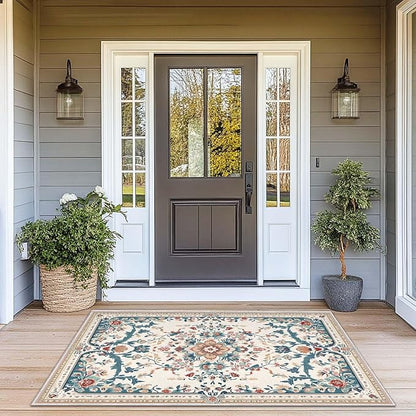 3x5 Boho Entryway Rug Beige Oriental Area Rug Indoor Entrance Non Slip Door Mat Stain Resistant Washable Machine Soft Low Pile Small Carpet Bathroom Kitchen