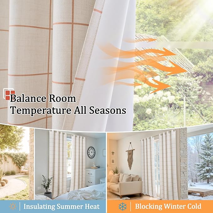 Plaid Curtains Pattern Printed 90 Inches Long - Total Linen Blackout Curtains for Living Room, Boho Grommet Drapes for Farmhouse Thermal Drapery 52x90 Inch 2 Panels, Terracotta