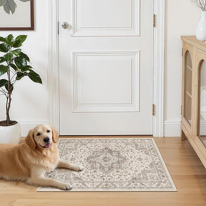 Vintage Living Room Area Rug 3x5 - Large Soft Washable Oriental Traditional Distressed Farmhouse Rugs for Bedroom - Indoor Floor Accent Carpet for Home Office House Decor - Light Brown