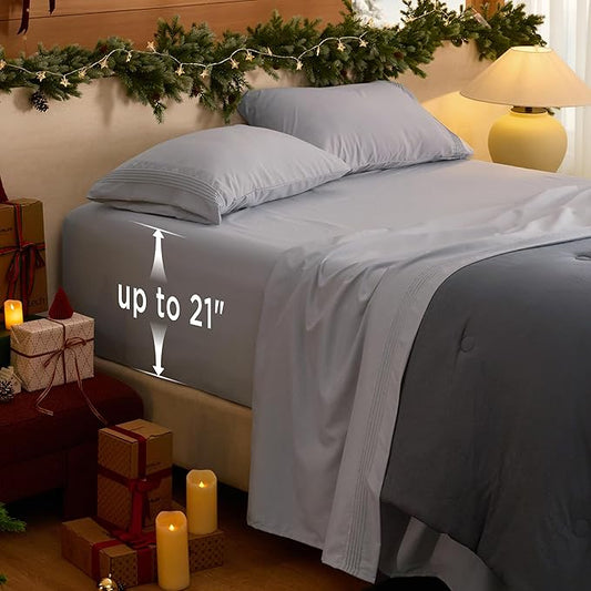 Bedsure Deep Pocket King Sheet Set - Fits Mattresses Up to 21 Inches Thick - 4 Piece GentleSoft Bed Sheets, Moisture Wicking, Soft & Cooling Bedsheet & Pillowcases, Easy & Secure Fit, Light Grey