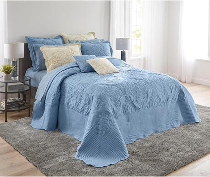 BrylaneHome Bedding Lightweight All Season Modern Amelia Quilted Damask Oversized Ultra Soft Bedspread - Queen, Ashley Blue