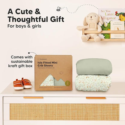 Pack and Play Sheets Fitted - 2-Pack Mini Crib Sheets for Pack N Play Mattress 38x26, Soft & Cozy, Neutral Toddler Playard Bedding, Snug Fitted Mini Baby Crib Mattress Cover Boy, Girl (Foxtrot)