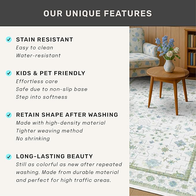 Oushak Area Rug for Bedroom 5x7 - Blue and Green Vintage Boho Floral Geometric, Washable Low Pile Non Slip Area Rugs for Nursery Room, Foyer, Cozy Aesthetic Room Decor