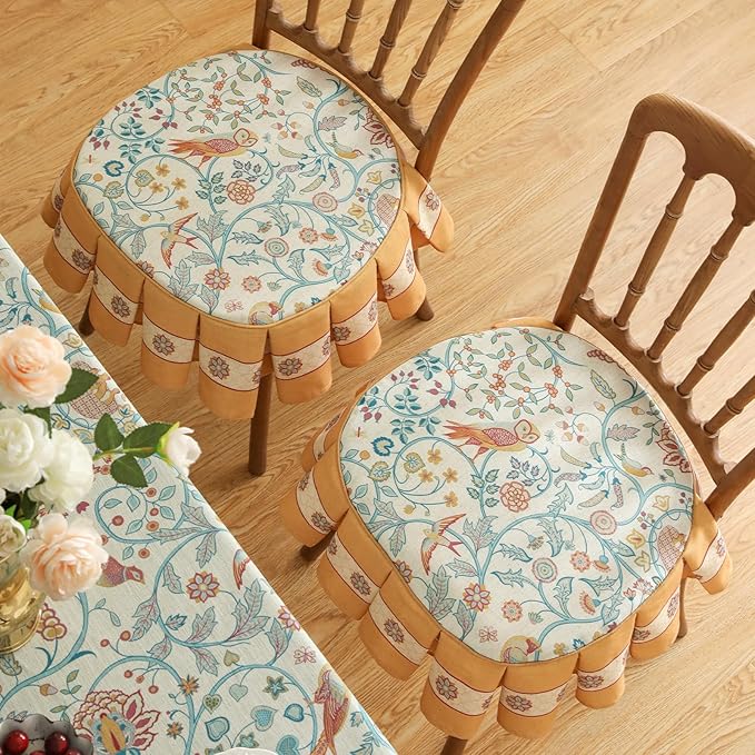 patdrea Pack of 2 Chair Cushions for Dining Chairs with Ruffled, Floral Birds Seat Cushion with Ties,Removable,Non Slip Chair Pads Decor for Bar Stool Cushions, Indoor Kitchen Chairs, 17.7"x17.7"