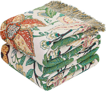 MSGKV Boho Throw Blanket for Couch Chair 100% Cotton Embroidery Floral Blanket 50"x60" Sofa Blankets for All Seasons Lightweight Farmhouse Muslin Breathable Bed Blankets Home Decor