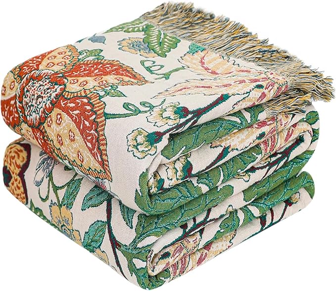 MSGKV Boho Throw Blanket for Bed Twin Size 100% Cotton Floral Blanket 60"x80" Lightweight Farmhouse Muslin Breathable Couch Blankets Home Decor All Seasons