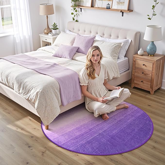 Wonnitar Modern Ombre Washable Round Rugs 5ft, Purple Round Living Room Rug, Soft Circle Bedroom Area Rug, Contemporary Low Pile Large Throw Carpet for Nursery Dining Room (Purple, Round 5ft)