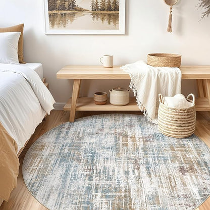 5ft Round Area Rug for Living Room: 5x5 Washable Neutral Abstract Modern Soft Rugs Non Slip Indoor Floor Stain Resistant Carpet for Bedroom Dining Room Office Nursery - Blue Brown