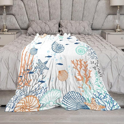 Nautical Coastal Blanket, Starfish Seashell Coral Beach Themed Drapes Ocean Orange Blue Teal Conch Print Throw Blankets for Sofa Couch Bed Room Birthday Decor, 50"x60"