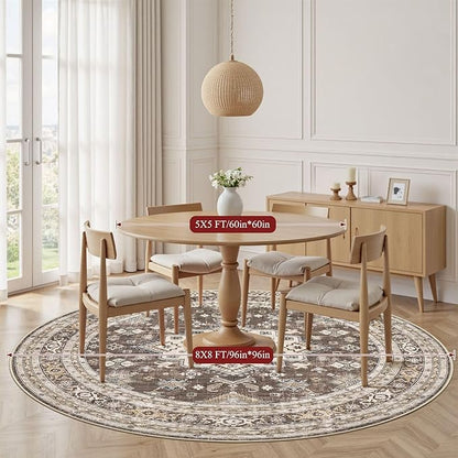 8ft Round Vintage Living Room Area Rug - 8x8 Large Soft Washable Oriental Traditional Distressed Farmhouse Rugs for Bedroom - Indoor Floor Accent Carpet for Home Office House Decor - Dark Brown