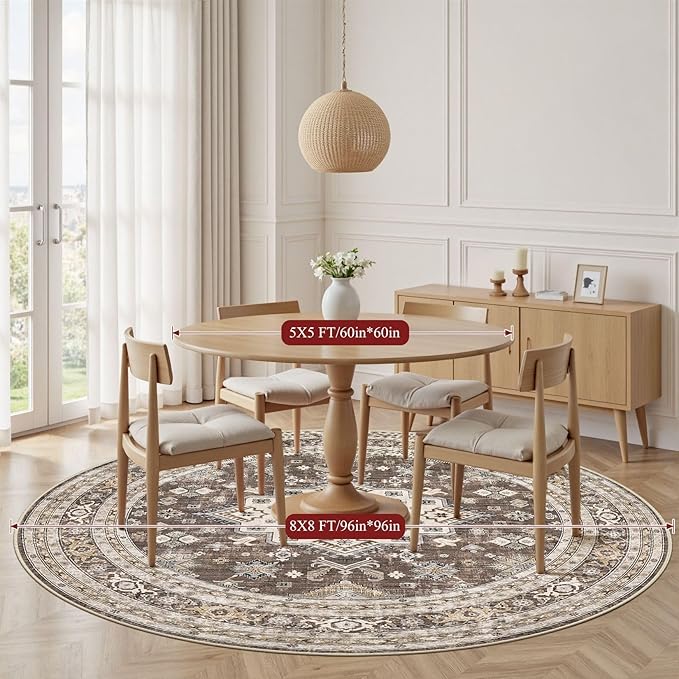 5ft Round Vintage Living Room Area Rug - 5x5 Large Soft Washable Oriental Traditional Distressed Farmhouse Rugs for Bedroom - Indoor Floor Accent Carpet for Home Office House Decor - Dark Brown