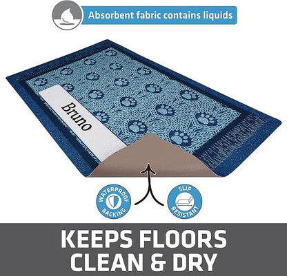 Drymate Personalized Pet Bowl Placemat, Custom Dog & Cat Food Feeding Mat - Absorbent Fabric, Waterproof Backing - Machine Washable/Durable (USA Made) (16" x 28") (Blue Paw Braid)