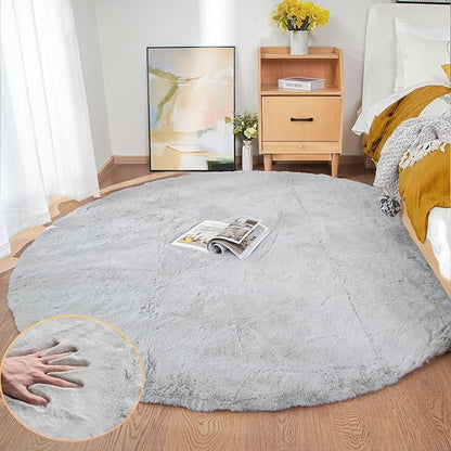 Grey Washable Fluffy Round Rugs 6ft Faux Bunny Fur Rugs for Living Room Bedroom Boho Circle Sheepskin Rug Teen Room Nursery Rug