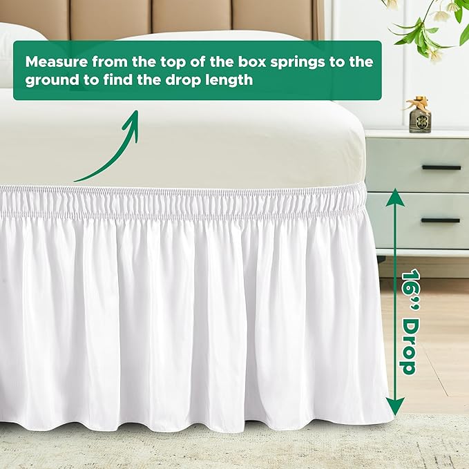 Biscaynebay Wrap Around Bed Skirts for King & Cal King Beds 16" Drop, White Adjustable Elastic Dust Ruffles Easy Fit Wrinkle & Fade Resistant Silky Luxurious Fabric Solid Machine Washable