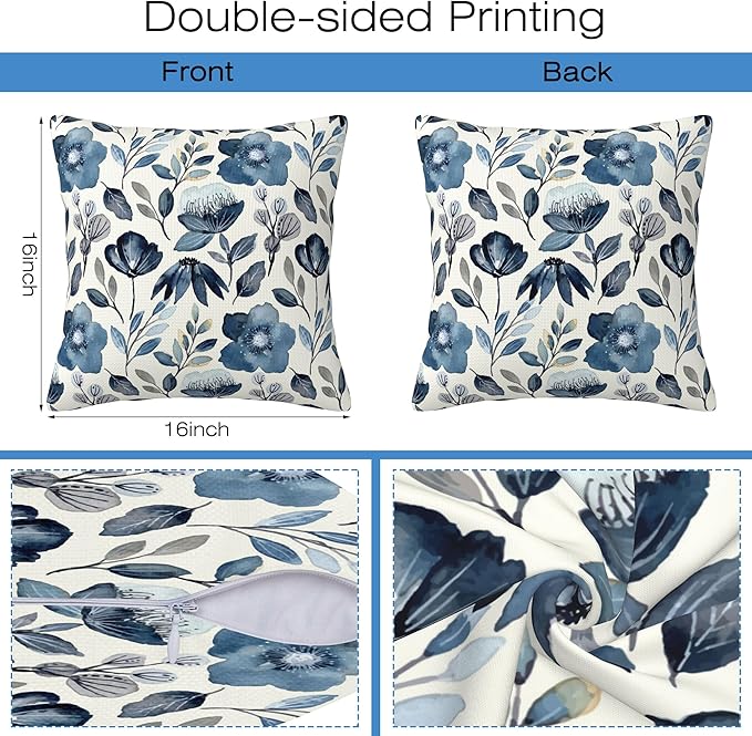 Throw Pillow Covers Blue Floral Pillow Covers 16x16 Inch Set of 2 Throw Pillows Decorative Pillow Cases Cushion Covers for Bedroom Livingroom Sofa Farm House