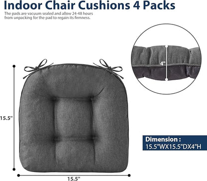 Chair Cushions for Dining Chairs, Seat Cushions for Kitchen Chairs, Indoor Seat Cushions with Ties, Tufted Foam Chair Pads, Non Slip Chair Cushions Set of 6, 15.5" x 15.5" x 4", Dark Grey