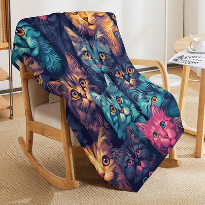 Funny Colorful Cat Print Blanket Kawaii Kitty Animal Throw Blankets Gifts for Couch Sofa Bed Stuff Decor Soft Cozy Fleece Plush Warm Flannel Bedding for Lover Men Women 60"x80"