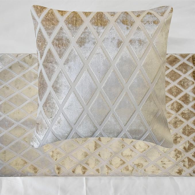 The HomeCentric King/Queen/Twin Ivory Decorative Bed Runner Full 68"x18" Bed Runner with Two Pillow Cover, Diamond Pattern, Velvet Cut Bed Scarf on Velvet Fabric - Ivory Velvet Verve