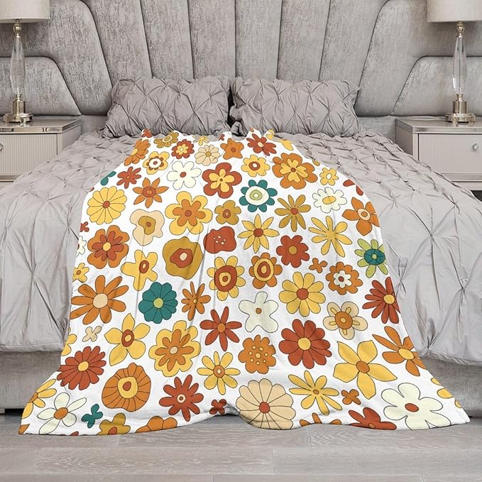 Vintage Hippie Floral Blanket, 70s Boho Abstract Yellow Orange Flowers Funny Print Throw Blanket for Holiday Theme Home Decor Bedding Couch 50"x60"